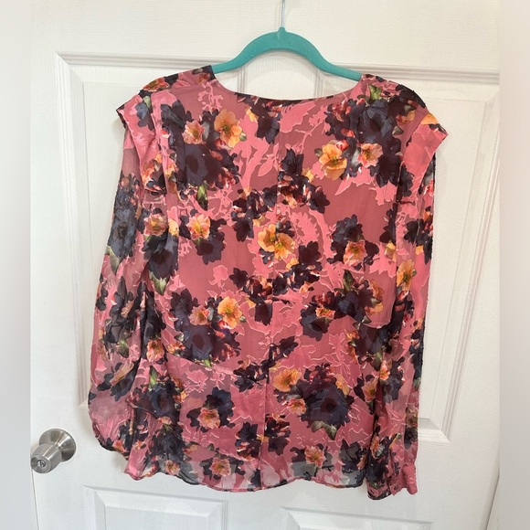 NICOLE MILLER Floral Print Silk Blouse Long Sleeve Burnout Ruffle Pink M… - Picture 4 of 7